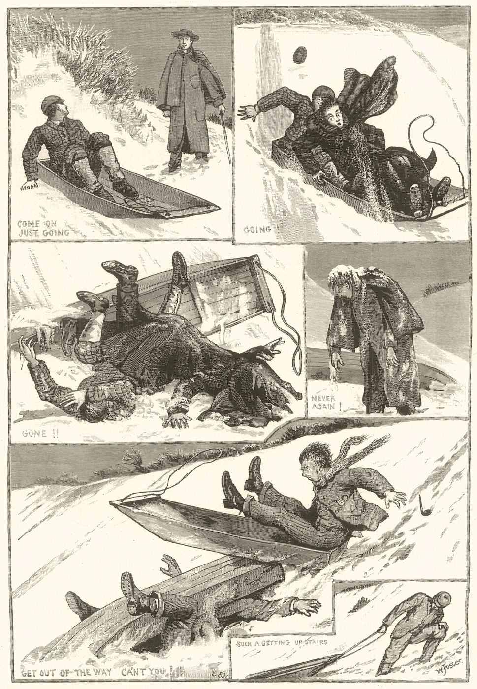 Pleasures of Winter: Tobogganning in Surrey 1891 old antique print picture